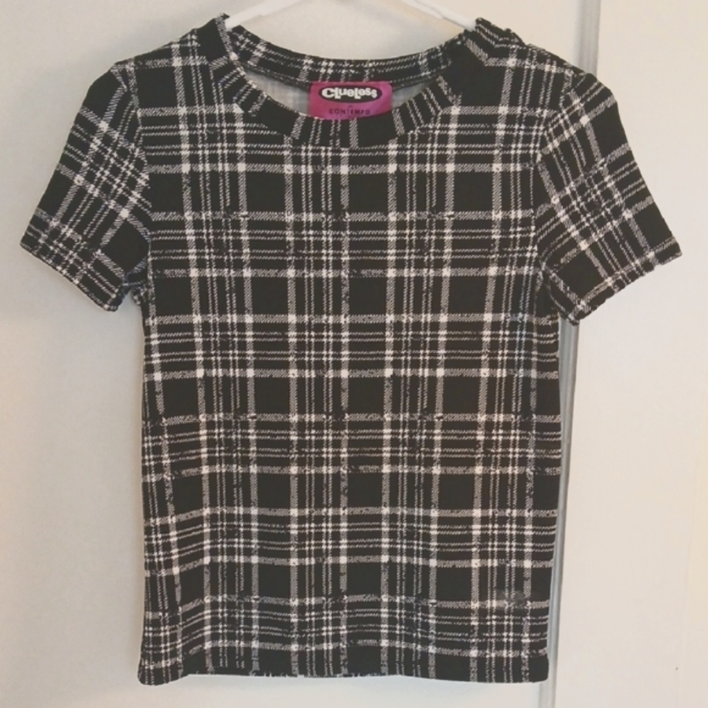 Clueless Feature Black and White Plaid Short Sleeve Tee